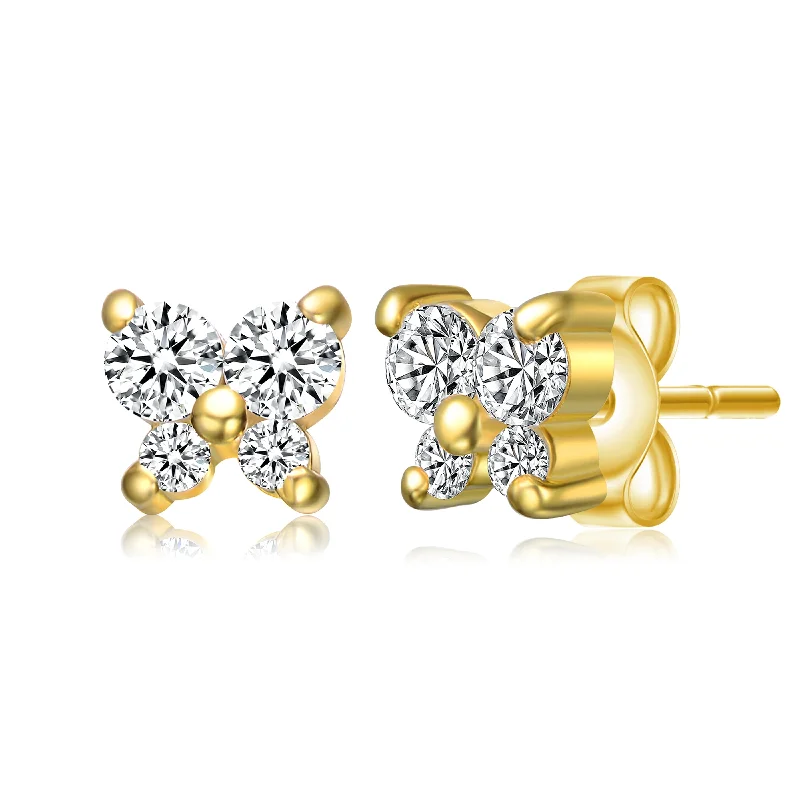 Earrings For Alloy Mix-14k Gold Plated Cubic Zirconia Four-Stone Butterfly Cluster Stud Earrings