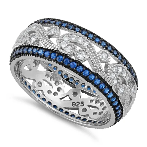 Rings For Broad Looks-Sterling Silver Filigree Blue Spinel CZ Black Plating Ring