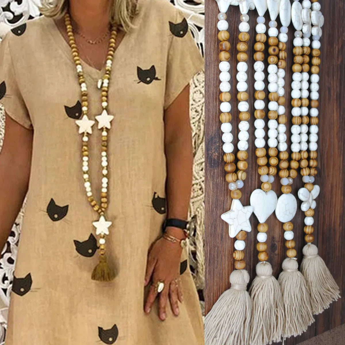 Necklaces For Earthy Tones-Ethnic Style Star Wood Women's Sweater Chain Long Necklace