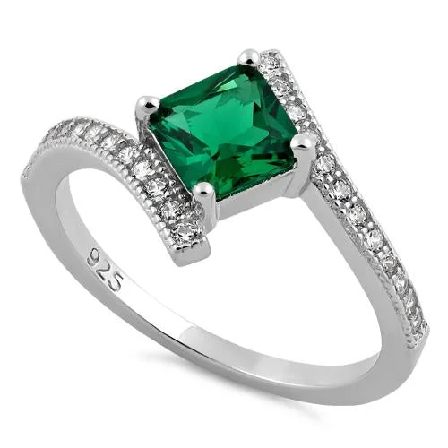 Rings For Fine Style-Sterling Silver Elegant Princess Cut Emerald CZ Ring