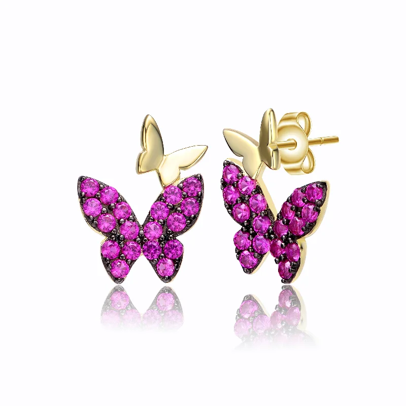 Earrings For Thin Fits-Sterling Silver 14k Yellow Gold Plated with Ruby Cubic Zirconia Double Butterfly Drop Earrings