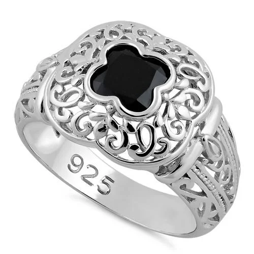 Rings For Spring Shine-Sterling Silver Quatrefoil Black CZ Ring