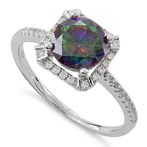 Rings For Coffee Dates-Sterling Silver Rainbow Topaz Round Halo Pave CZ Ring