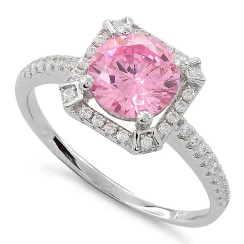 Rings For Grad Nights-Sterling Silver Pink Round Halo Pave CZ Ring