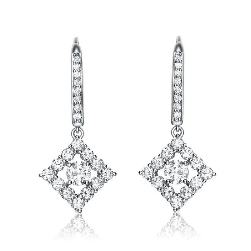 Earrings For Friend Gifts-Cubic Zirconia Sterling Silver Rhodium Plated Shape Drop Euro Earrings