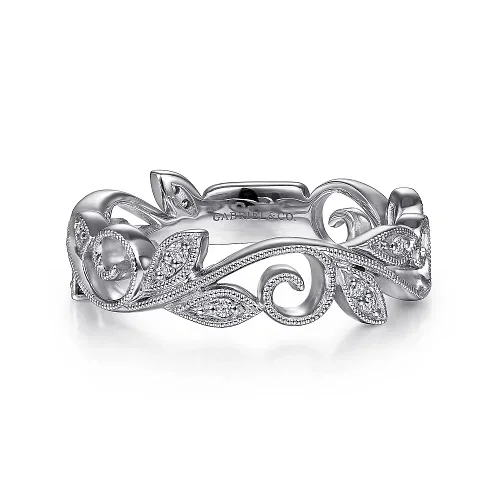 Rings For Handmade Gifts-Diamond Floral Stackable Band in 14K White Gold