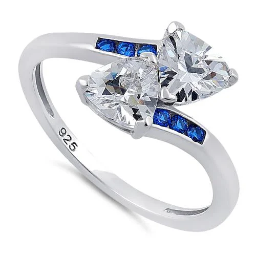 Airy Rings For Ease-Sterling Silver Double Trillion Cut Clear & Blue Spinel CZ Ring