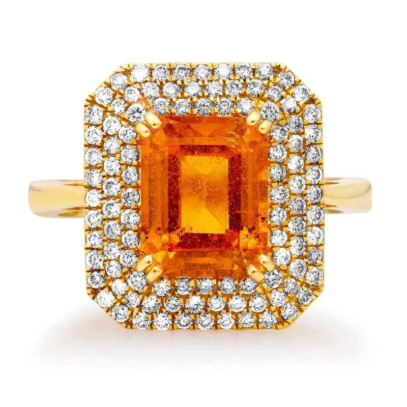 Best Artisan Rings-Emerald Cut Orange Garnet with Diamond Border Ring