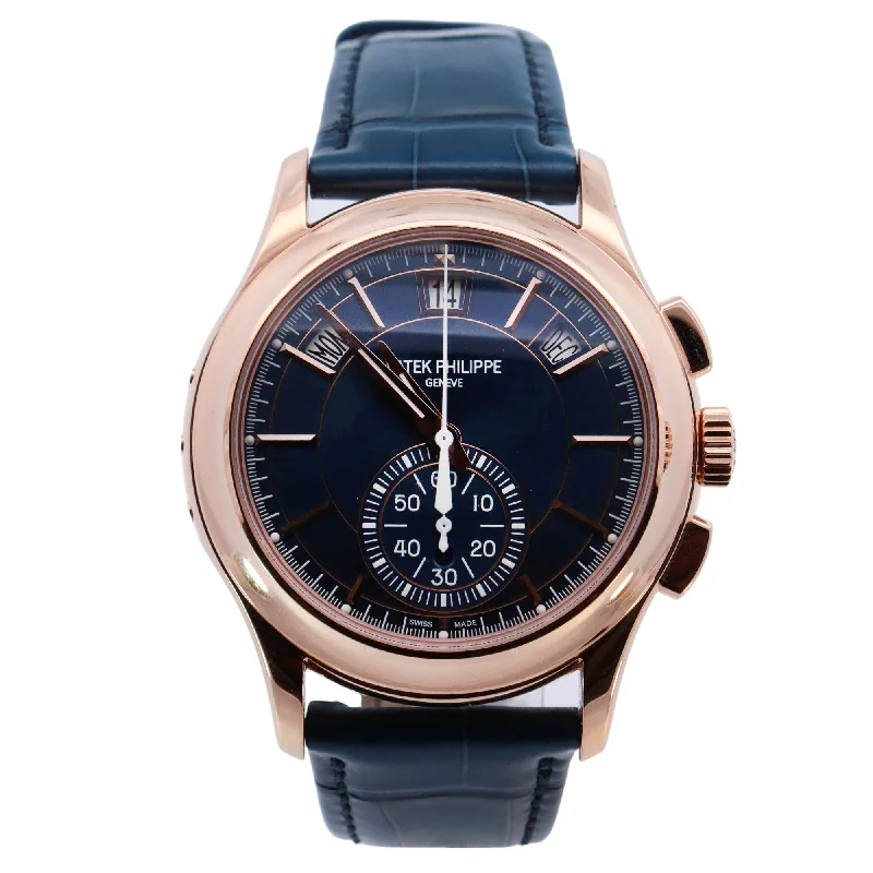 Watches For Long Wrists-Patek Philippe Complications 42mm Blue Dial Watch Ref# 5905R-010