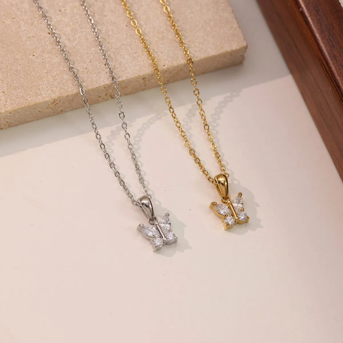 Premium Necklaces For Presents-Stainless Steel White Gold Plated Gold Plated Elegant Simple Style Butterfly Plating Inlay Zircon Pendant Necklace