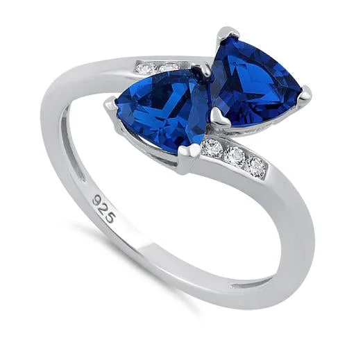 Strong Rings For Daily-Sterling Silver Double Trillion Cut Blue Spinel CZ Ring