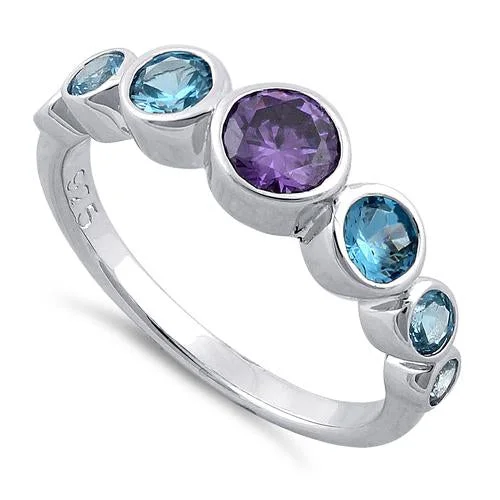 Max Glow Rings-Sterling Silver Amethyst & Blue Topaz Seven Stone Round CZ Ring