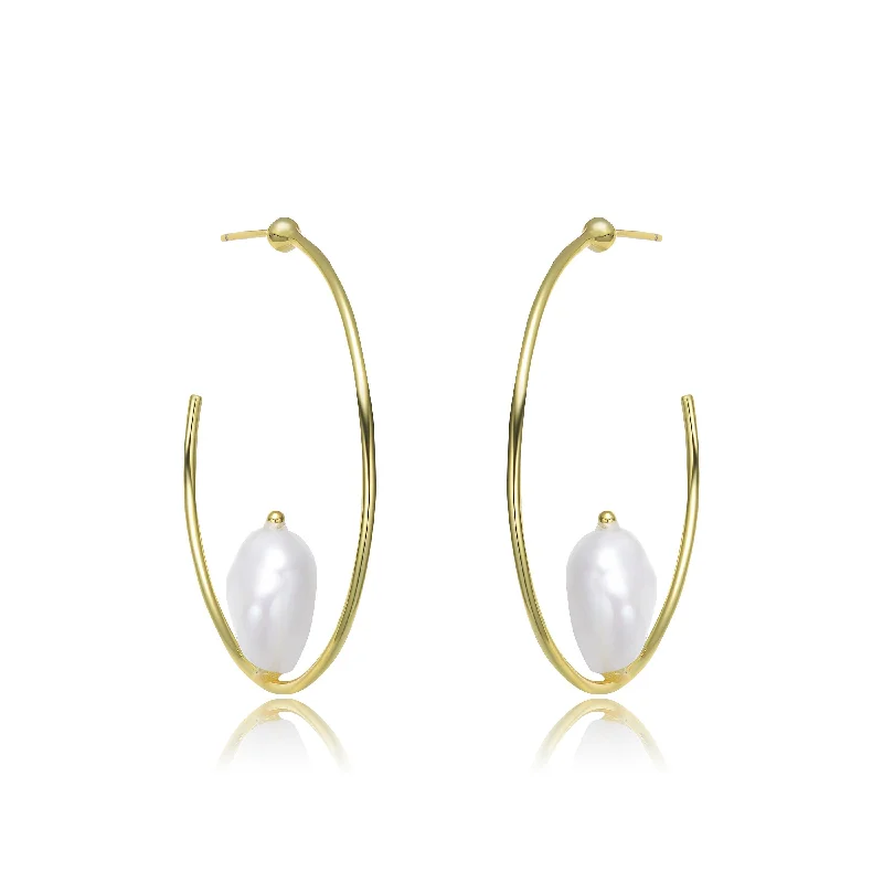 Earrings Wear Feel-Classy Sterling Silver with Gold Plating and Genuine Freshwater Pearl Hoop Earrings