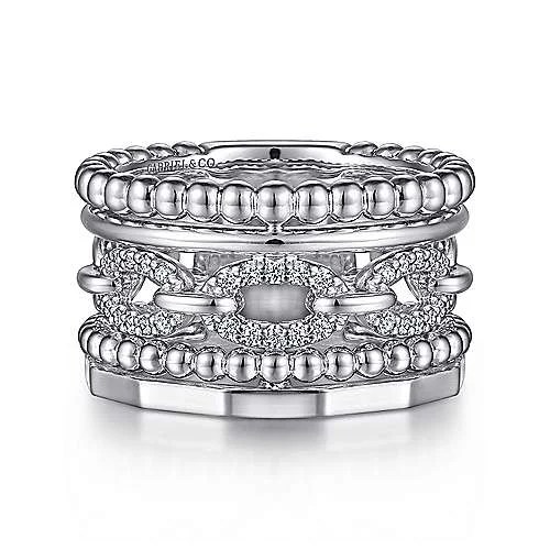 Rings Glint Tips-Bujukan Stacking Wide Statement Ring with White Sapphires in Sterling Silver