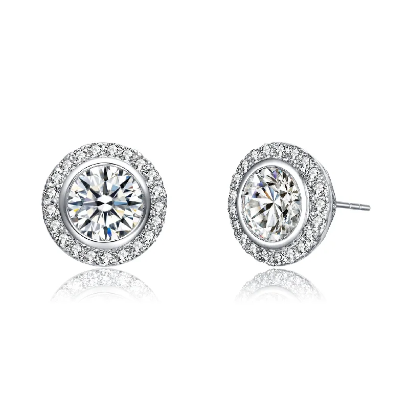 Earrings For Slim Ears-CZ Sterling Silver Rhodium Plated Round Earrings