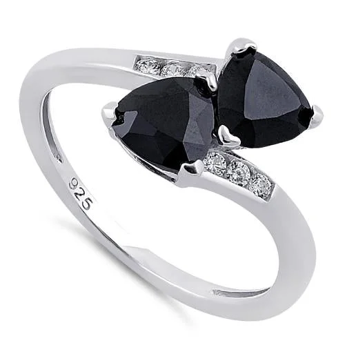 Budget Rings For Deals-Sterling Silver Double Trillion Cut Black CZ Ring