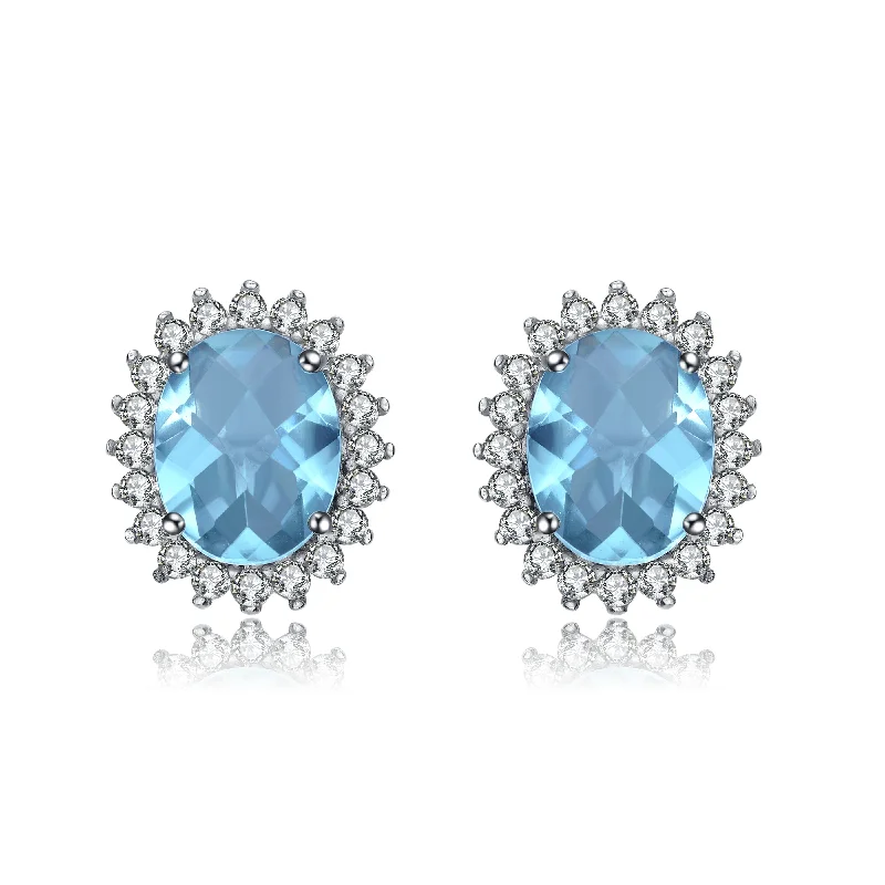 Earrings Buffing Tips-Sterling Silver Oval Ice Blue Cubic Zirconia Solitaire with Halo Burst Earrings