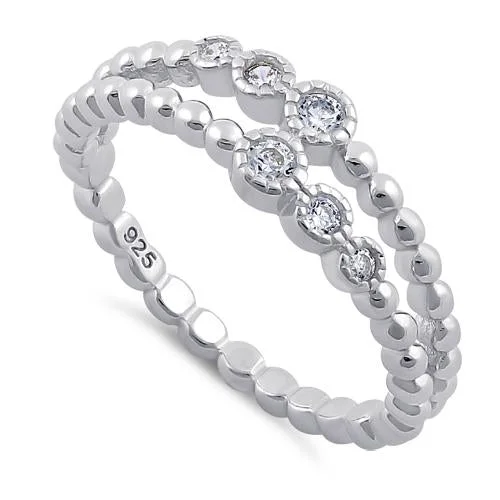 Rings For Road Trips-Sterling Silver Double Beaded Clear CZ Ring