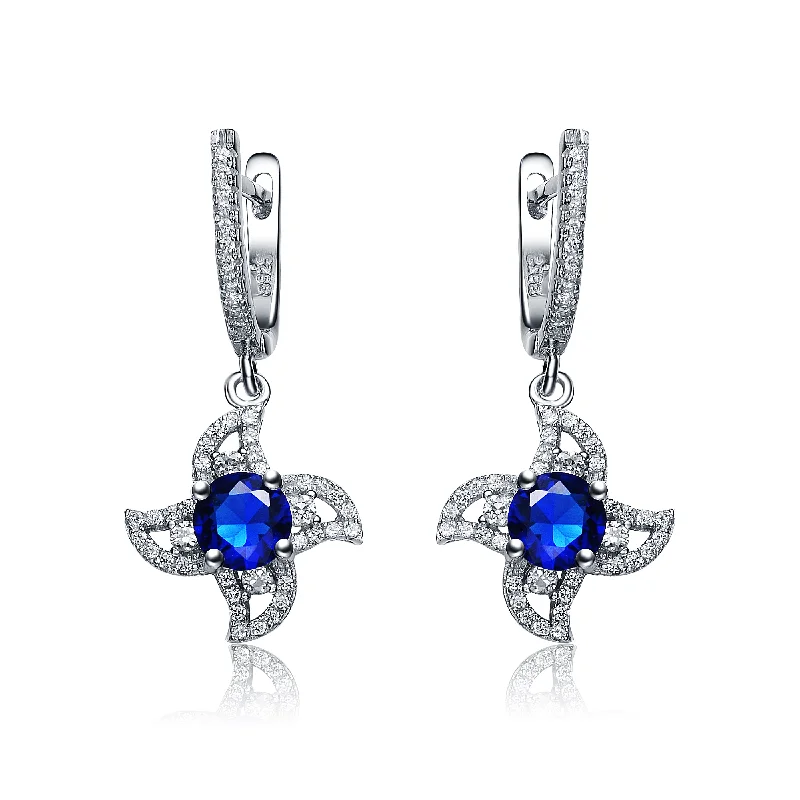 Earrings For Soft Days-CZ Sterling Silver Rhodium Plated Sapphire Flower Dangling Earrings