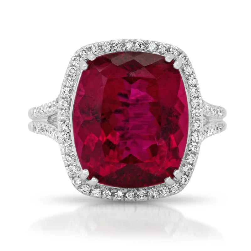 Rings With Wave Patterns-One of a Kind Cushion Cut Rubellite Ring with Diamond Halo