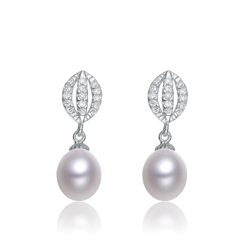 Best Fine Earrings-Cubic Zirconia Sterling Silver Rhodium Plated Pearl Drop Earrings