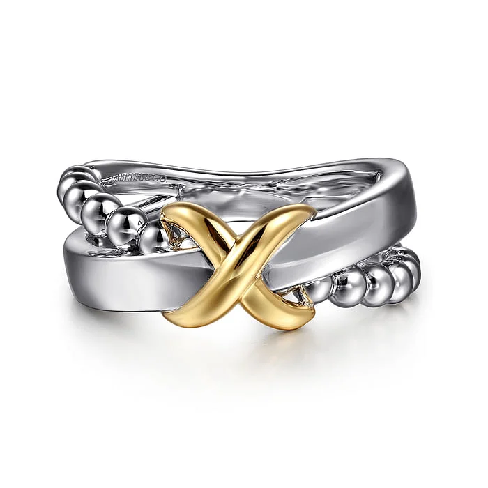 Rings For Neck Combos-Cross-Over Ring in Sterling Silver & 14K Yellow Gold