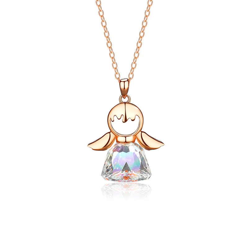 Necklaces For High Necks-Simple Style Angel Sterling Silver Inlay Crystal Pendant Necklace