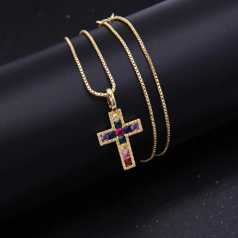 Necklaces Sparkle Rating-Vintage Style Cross Copper 18k Gold Plated Corundum Gem Zircon Pendant Necklace In Bulk