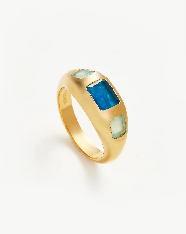 Rings For Friend Gifts-Good Vibes Triple Gemstone Statement Ring | 18ct Gold Plated/Petrol Blue Quartz & Aqua Chalcedony