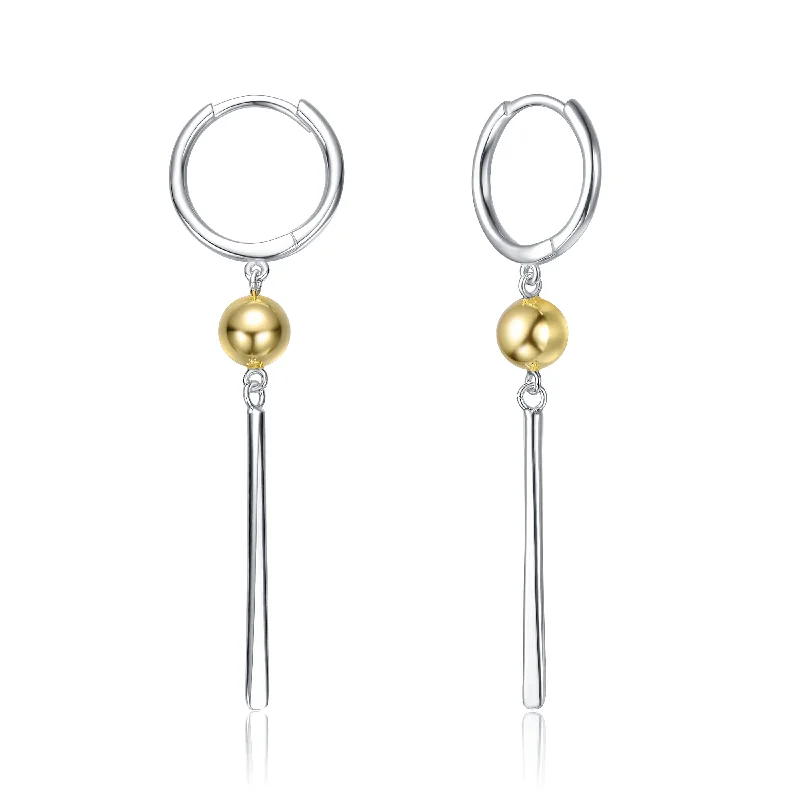 Earrings Wear Ease-Sterling Silver Two-Tone with 14K Gold Plated Sphere and Sleek White Gold Plated Bars Drop Earrings