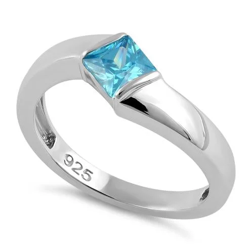 Super Fine Rings-Sterling Silver Channel Bar Square Aqua CZ Ring