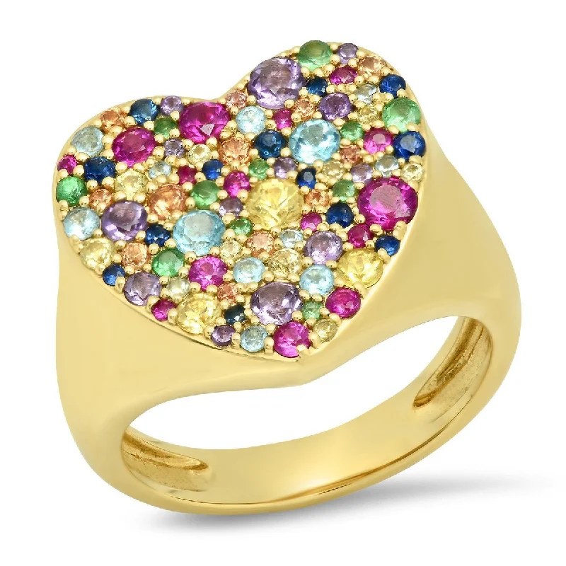 Rings For Humid Wear-Pave Rainbow Gemstone Heart Signet Ring