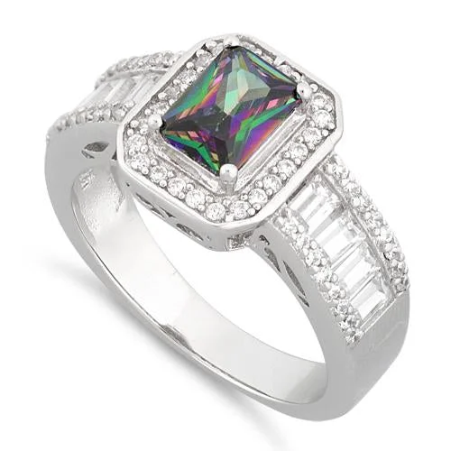 Rings Guarantee Details-Sterling Silver Emerald Cut Rainbow Topaz Clear CZ Ring