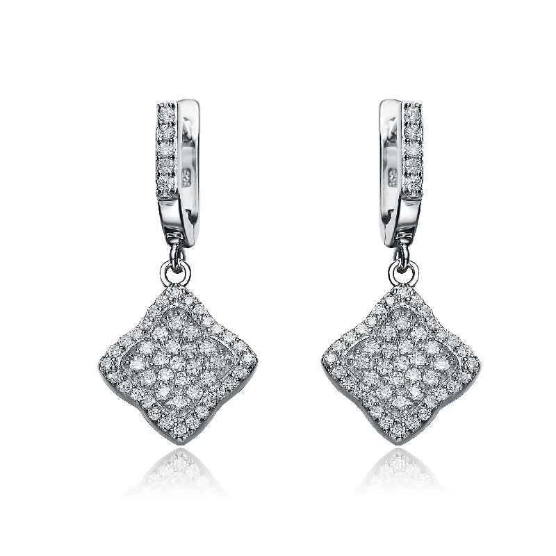 Earrings For Short Necks-CZ SS Rhodium Plated Square Shape Drop Earrings