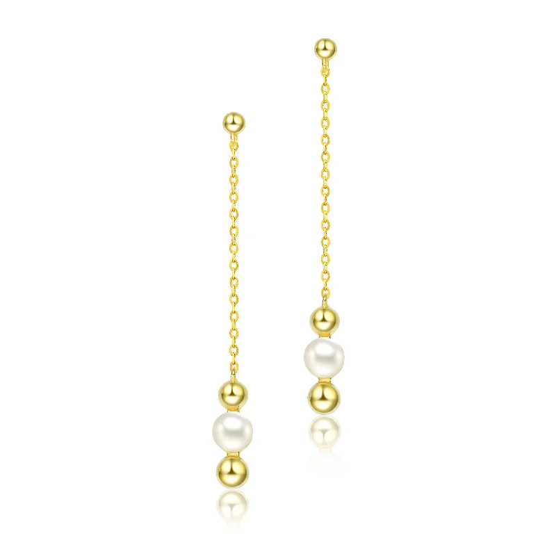 Earrings For Long Features-Sterling Silver 14K Gold Plated and 5.5MM freshwater Pearls Dangling Earrings