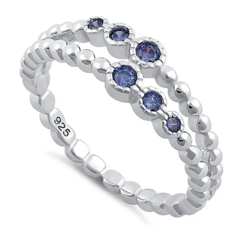 Top Rings For Quick Wear-Sterling Silver Double Beaded Tanzanite CZ Ring