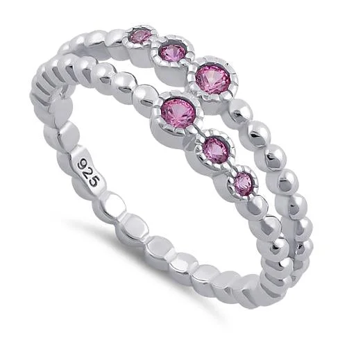 Rings For Loud Charm-Sterling Silver Double Beaded Pink CZ Ring