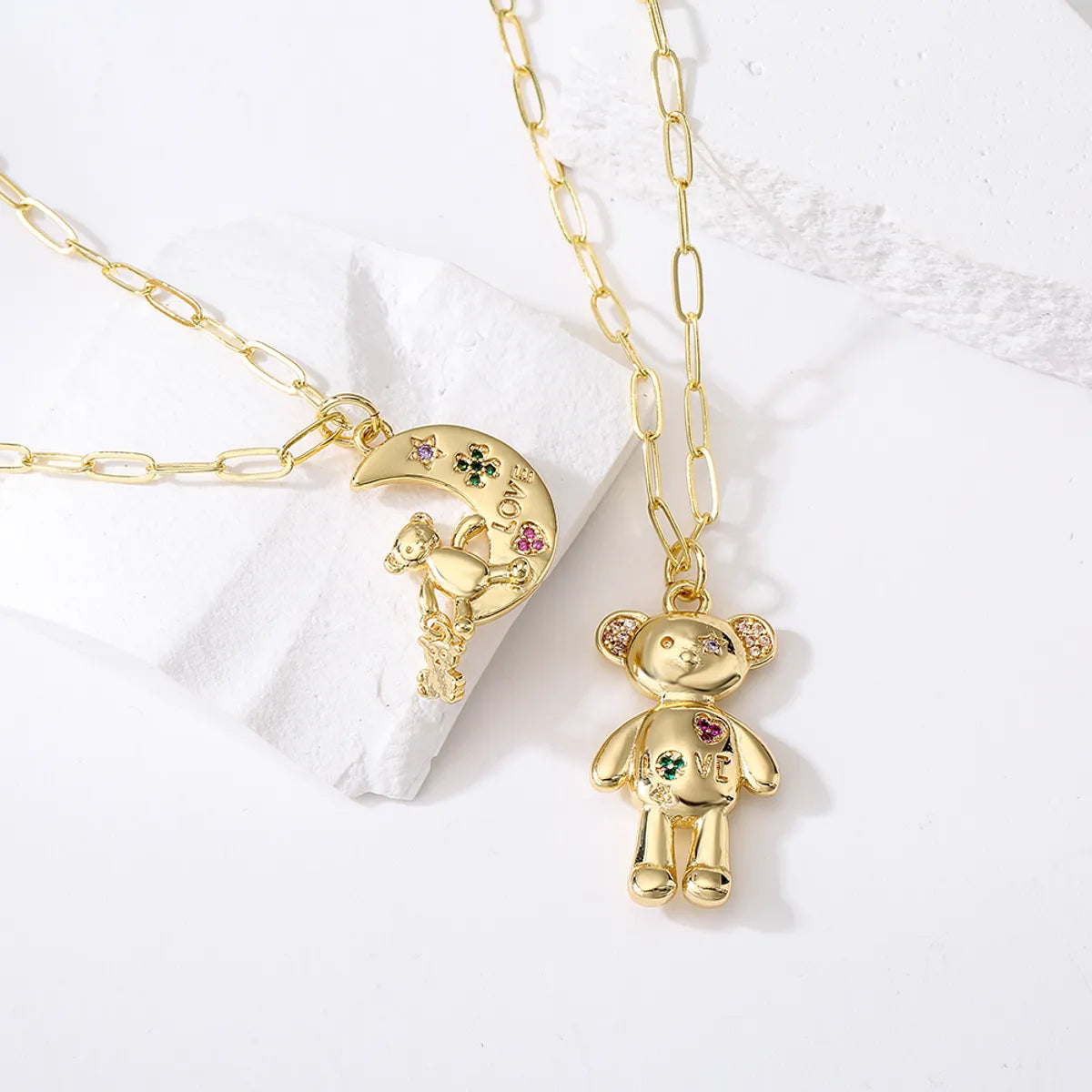 Max Glow Necklaces-Fashion Cute Bear Moon Pendant Plating 18k Gold Micro Inlaid Zircon Copper Necklace