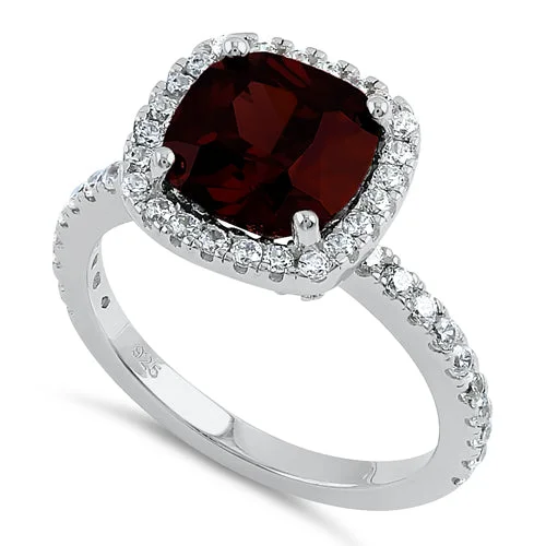 Rings For Wide Knuckles-Sterling Silver Cushion Cut Dark Garnet CZ Ring