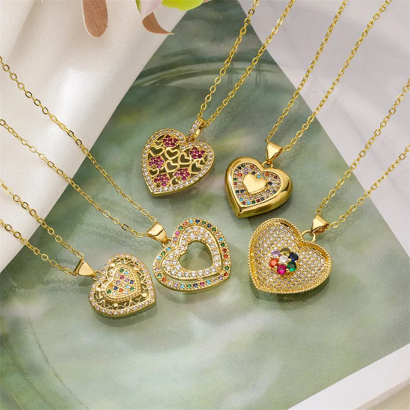 High Ease Necklaces-Streetwear Heart Shape Copper Plating Inlay Zircon Gold Plated Pendant Necklace