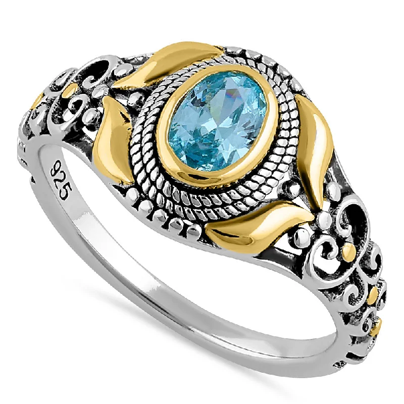 Rings For Jacket Wear-Sterling Silver Gold Plated Detailing Austere Oval Cut Aquamarine CZ Ring