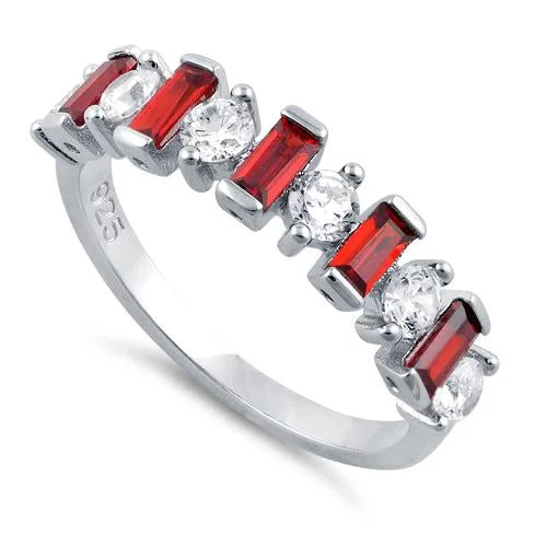 Rings Best Sellers-Sterling Silver Round & Baguette Garnet CZ Ring