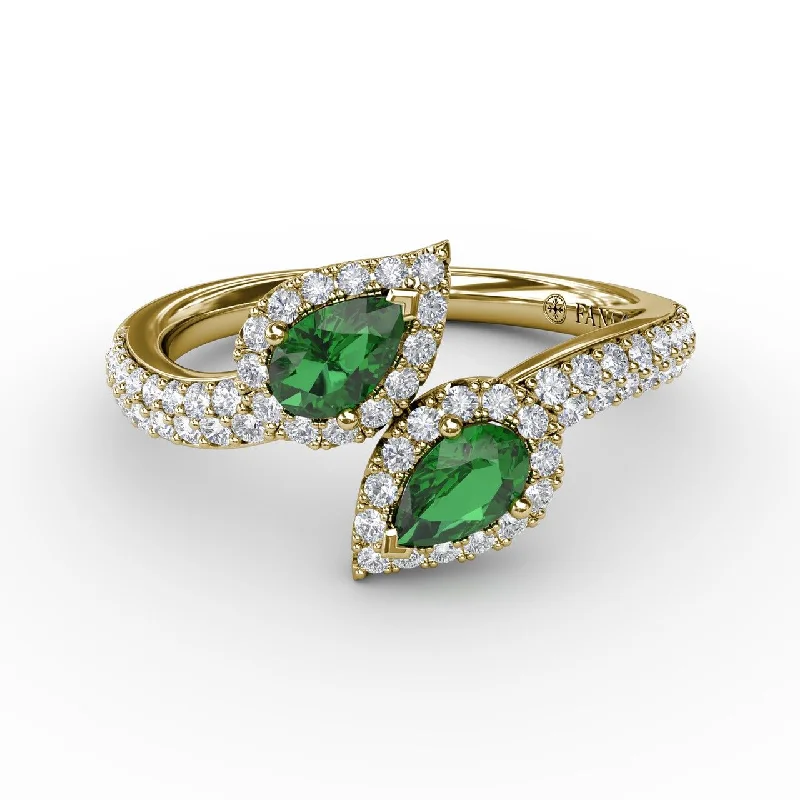 Best Gleam Rings-Diamond & Emerald Bypass Ring in 14K Yellow Gold