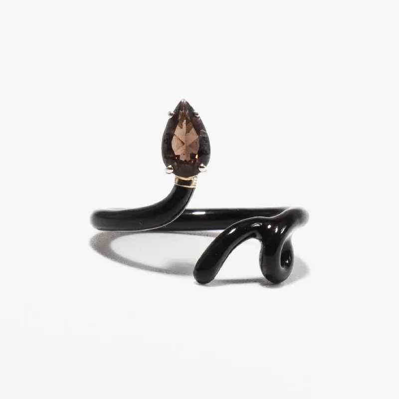 Rings Ease Rating-Smokey Quartz Pear & Black Enamel Baby Vine Tendril Ring