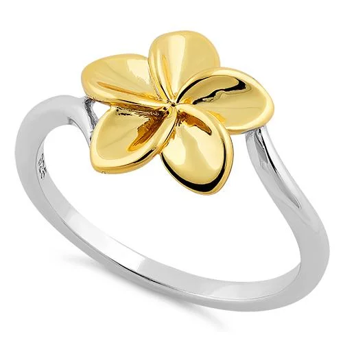 Top Rings For Quick Wear-Sterling Silver Two Tone Gold Plated Plumeria Ring