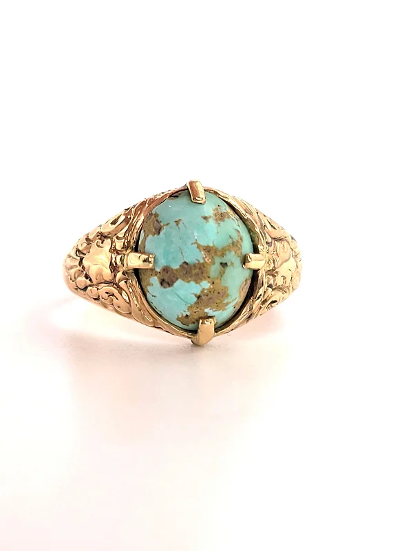 Premium Rings For Presents-Estate 9 Karat Yellow Gold Art Nouveau Turquoise Ring