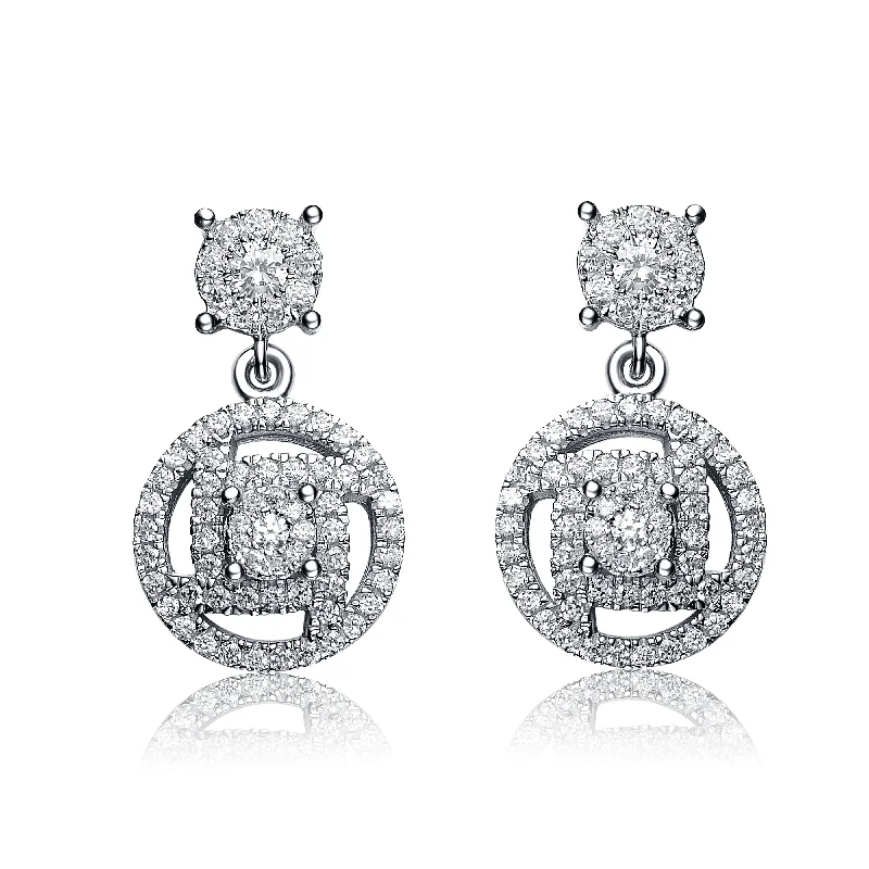 Earrings For Diamond Faces-CZ Sterling Silver Rhodium Plated Round Drop Earrings