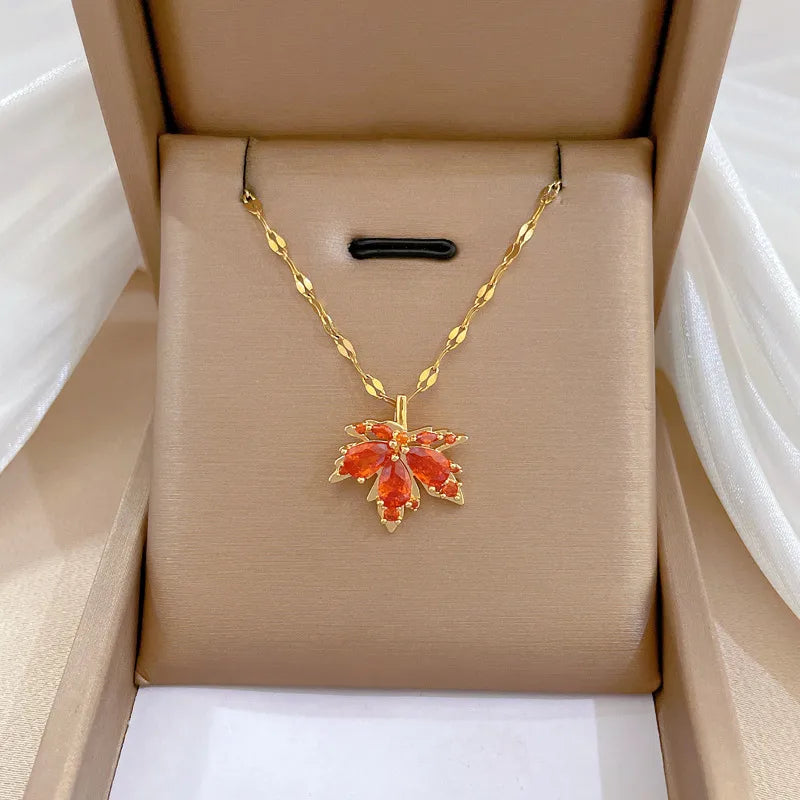 Necklaces With Safe Clasps-Retro Maple Leaf Titanium Steel Copper Inlay Rhinestones Necklace