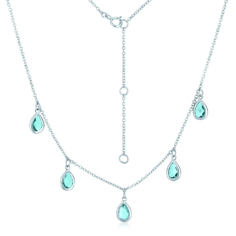 Earrings Craft Ratings-CZ Sterling Silver Rhodium Plated Aqua Pear Shape Drop Necklace