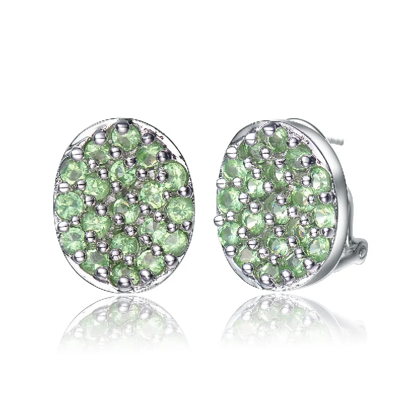 Earrings With Flowing Tassels-Sterling Silver Green Pave Cubic Zirconia Button Earrings